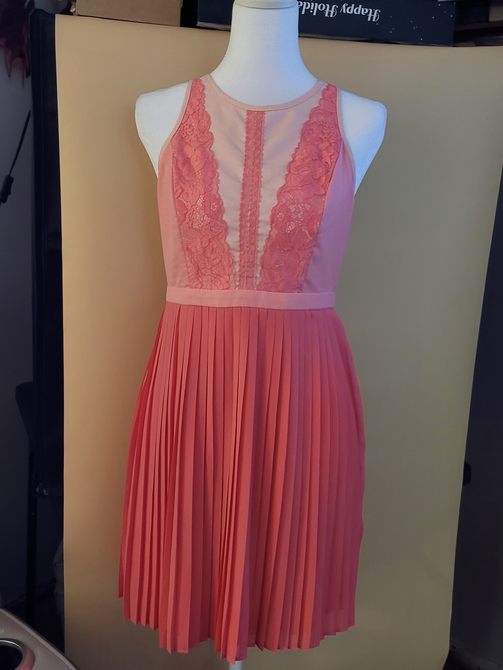 Minuet Petite Coral Pink Lace-Front Pleated Mini Dress
